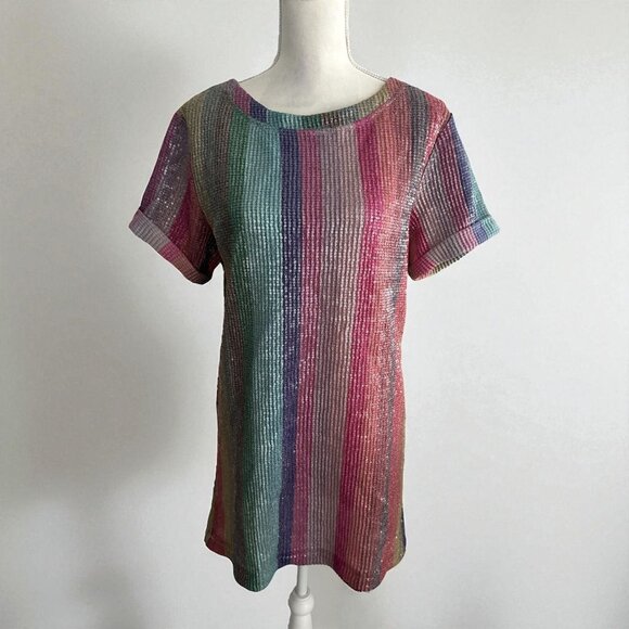 ZARA Multicolor Shimmer Striped Short Sleeve Shift Dress Size Small - Picture 1 of 6
